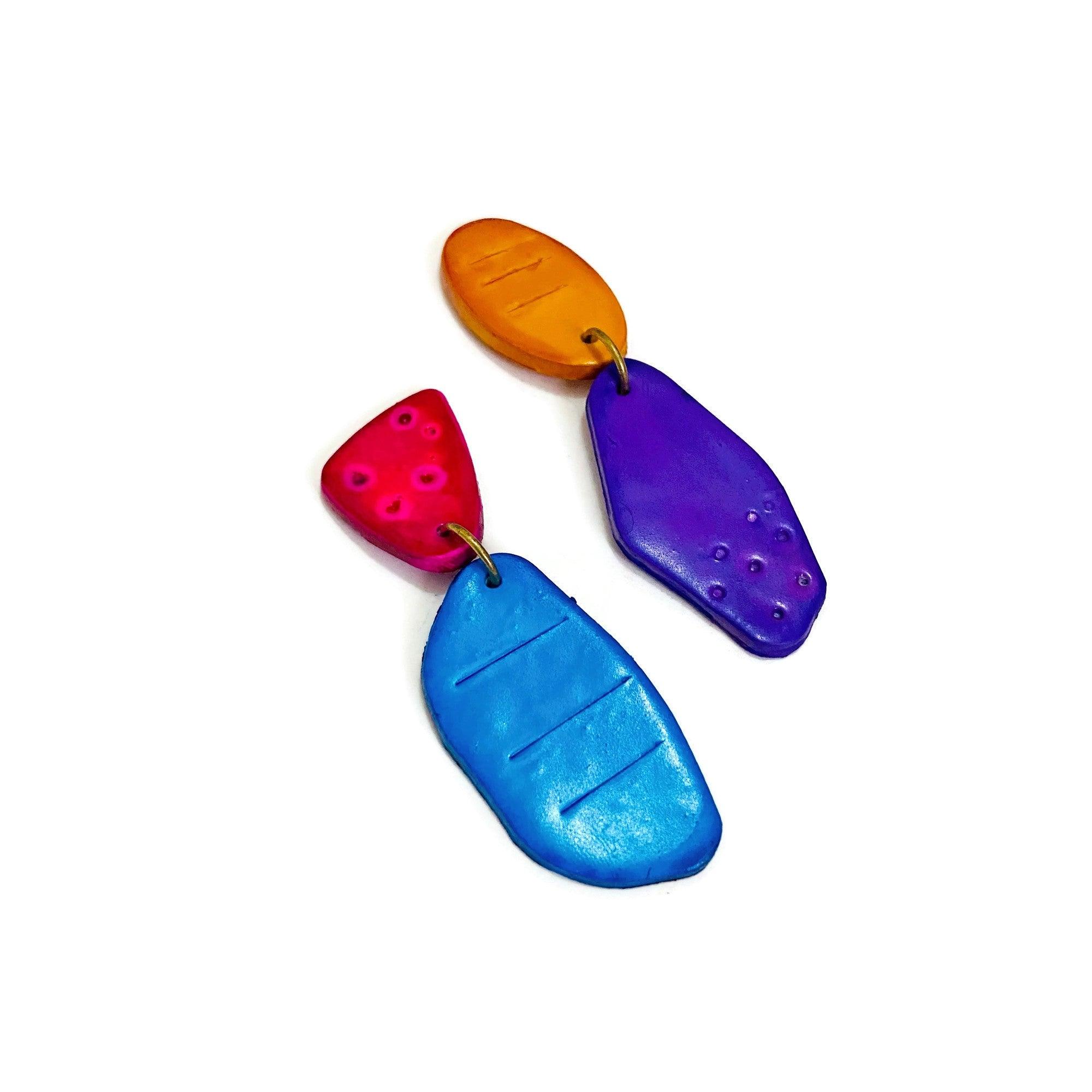 Colorful Asymmetrical Mismatched Earrings Post or Clip On