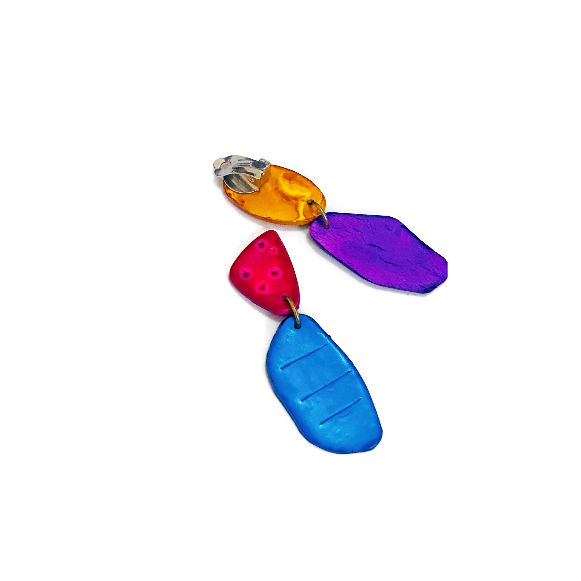 Colorful Asymmetrical Mismatched Earrings Post or Clip On