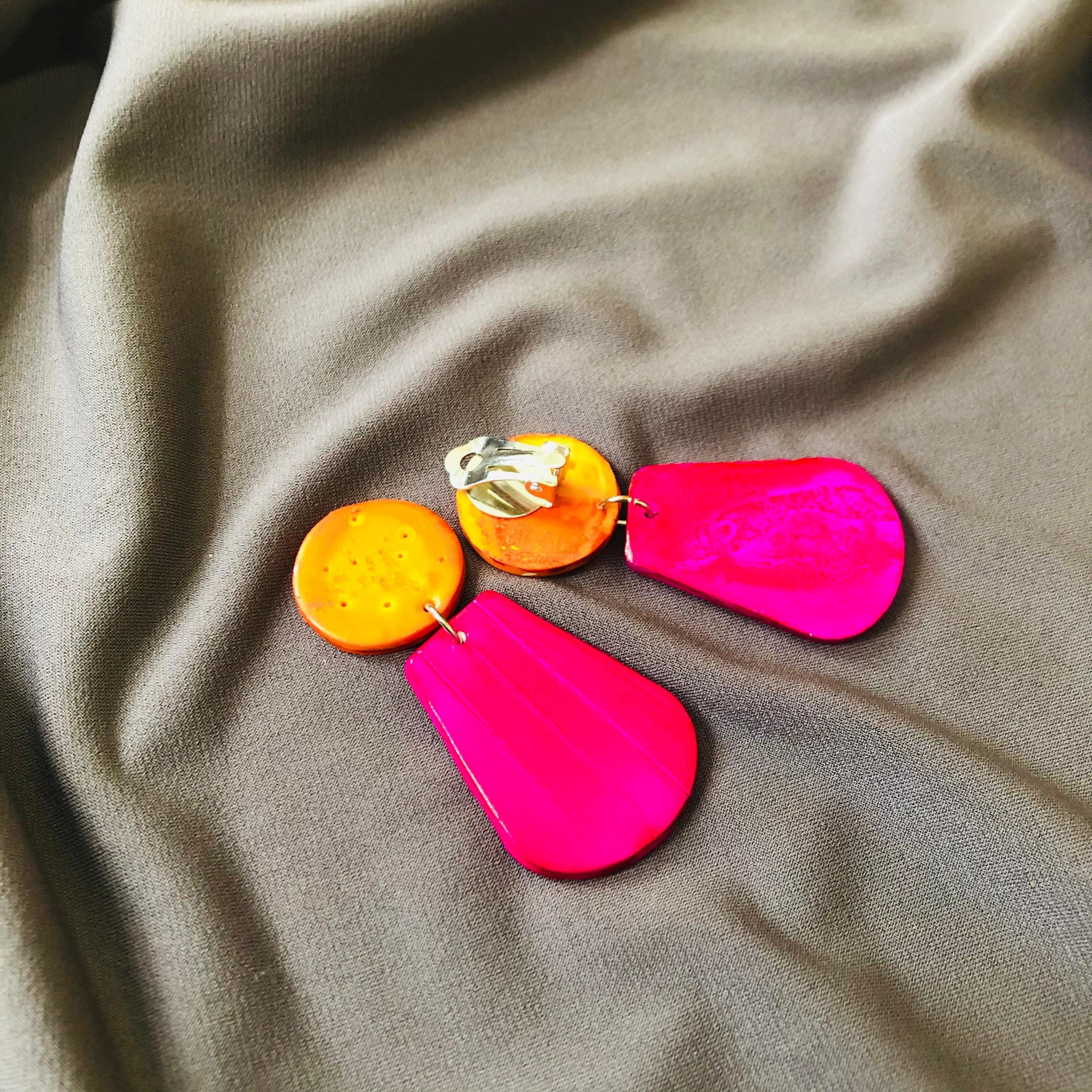 Orange & Hot Pink Clip On Earrings- "Belle"