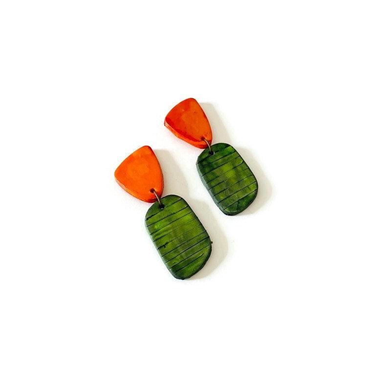 Small Clip On Earrings in Olive Green & Orange